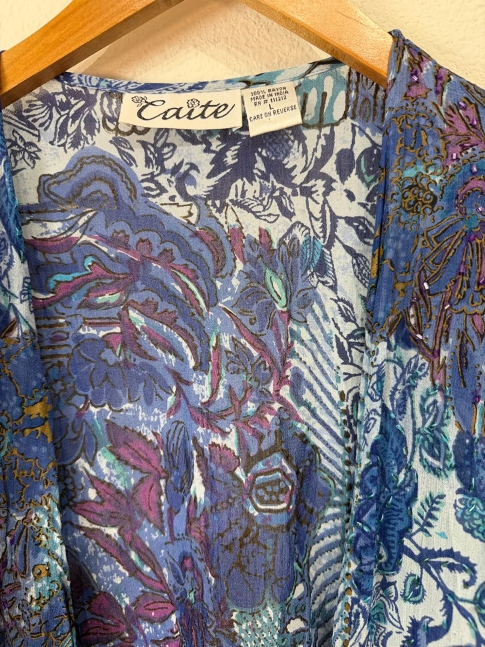 Calite Blue Multi Floral Boho Kimono with shoulder pads size Large - Picture 3 of 8